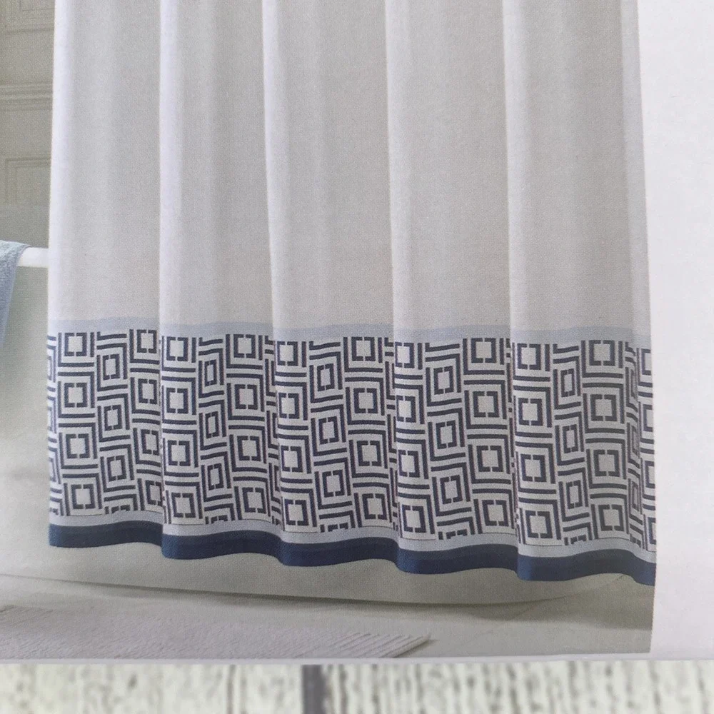 Liz Claiborne Shower Curtain White Navy Blue Logo Stripe Geometric 100% Cotton